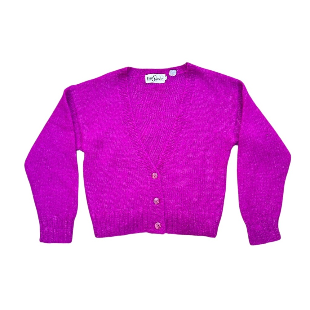 Magenta Vintage V-Neck Mohair Knit Cardigan